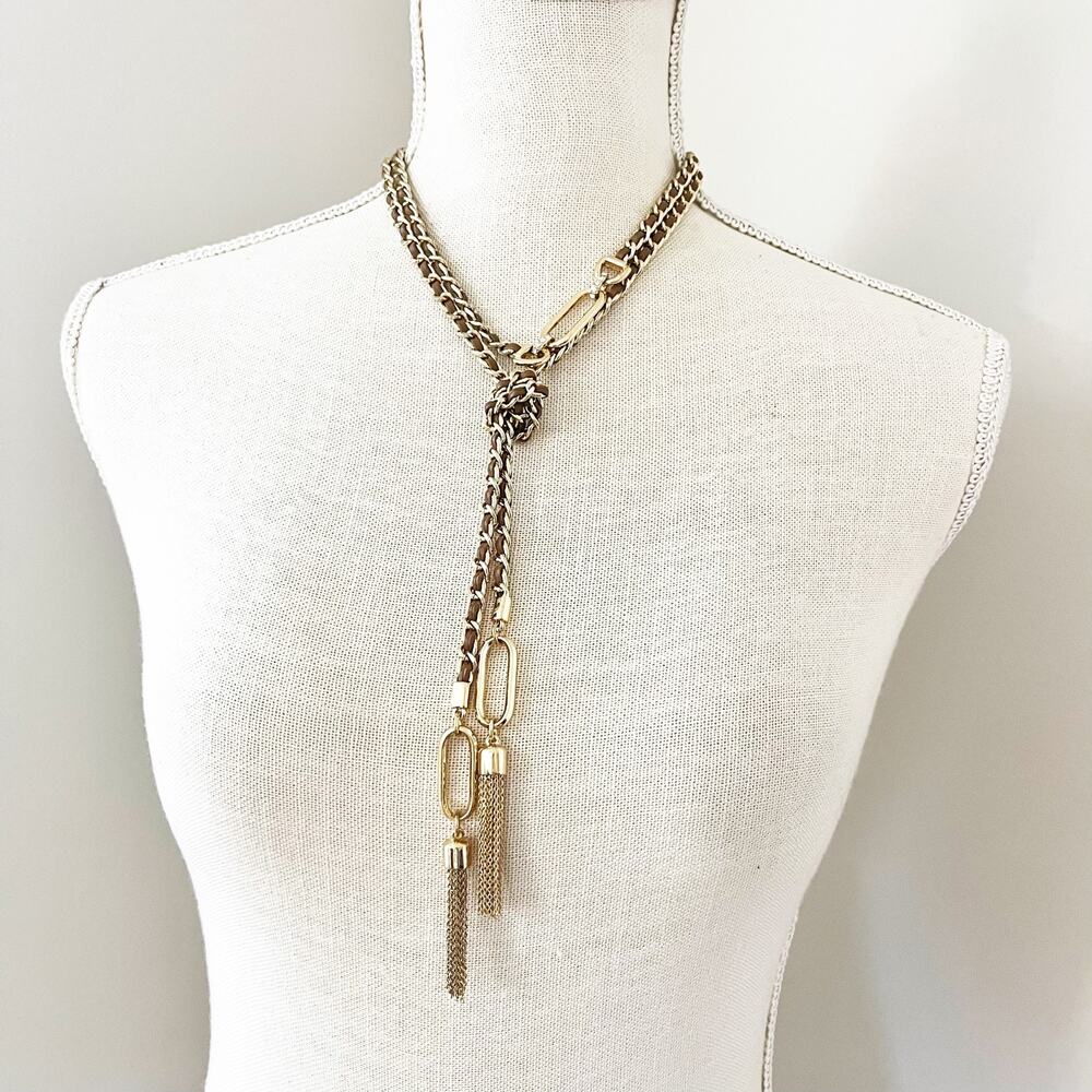NEW White House Black Market Leather & Goldtone Y Tassel Necklace